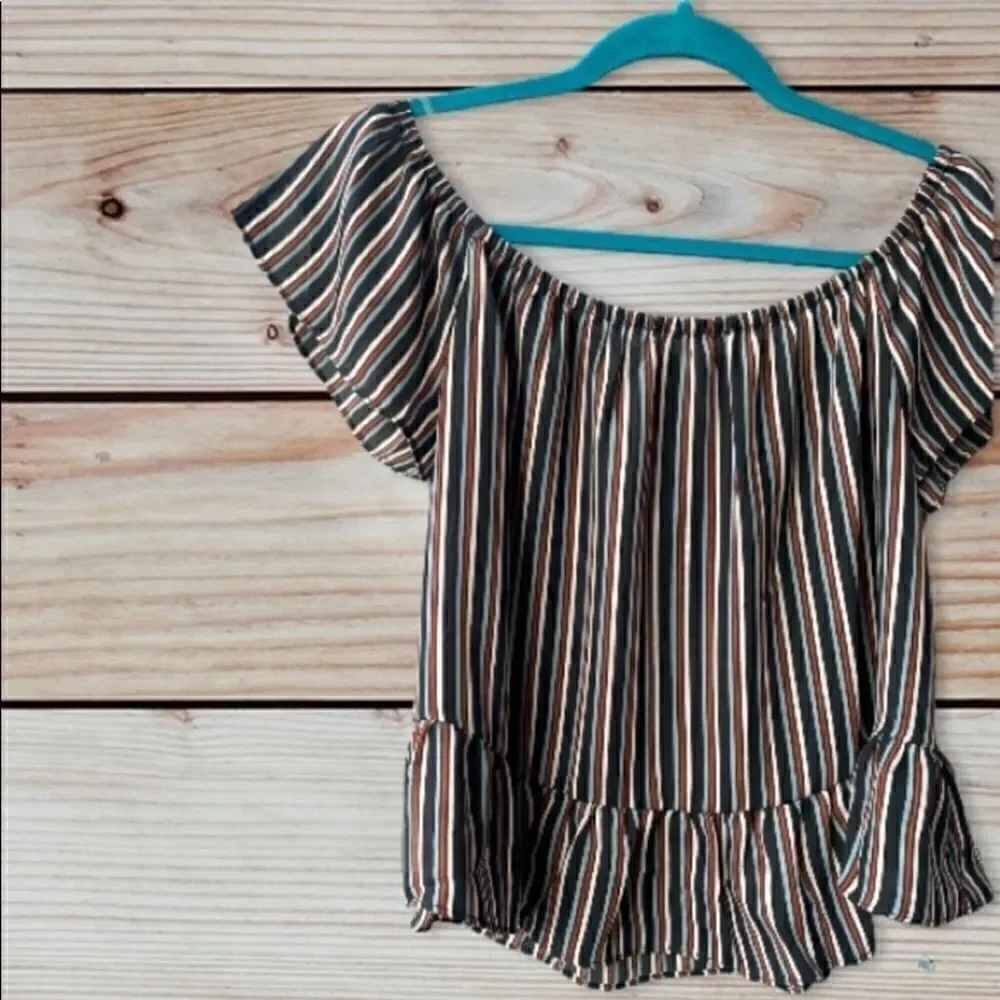 🌲 Timing Striped Off The Shoulder Top Blue White Large